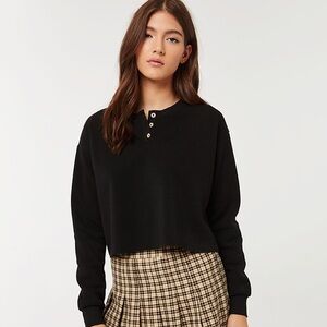 Ardene Fleece Henley Cropped Sweatshirt (Black, S)